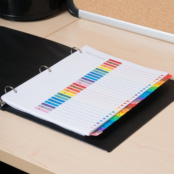 A book with Universal Multi-Color A-Z Table of Contents Dividers with different colored strips.