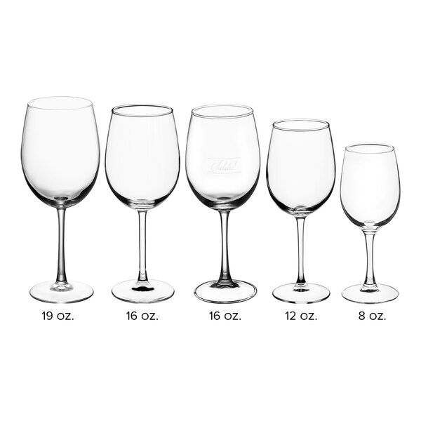 A clear 16 oz. wine glass with a stem, shown among other wine glasses of various sizes.