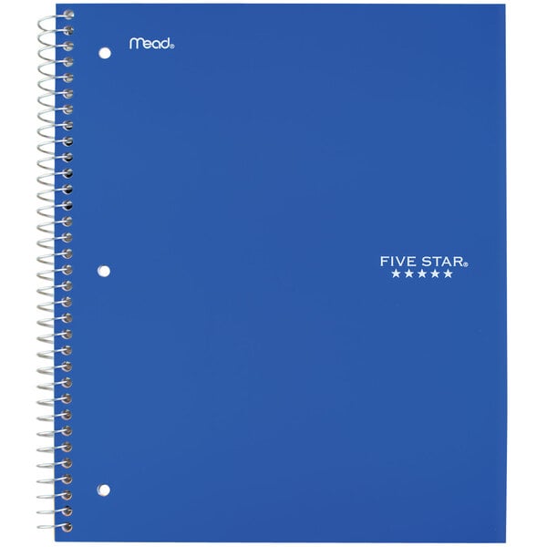 A blue Five Star spiral notebook with a spiral binding.