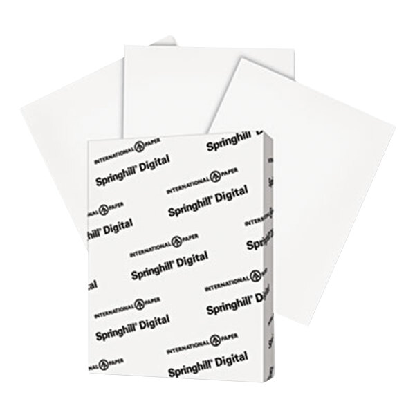 A box of Springhill White 8 1/2 x 11 Index Card Stock papers with black text.