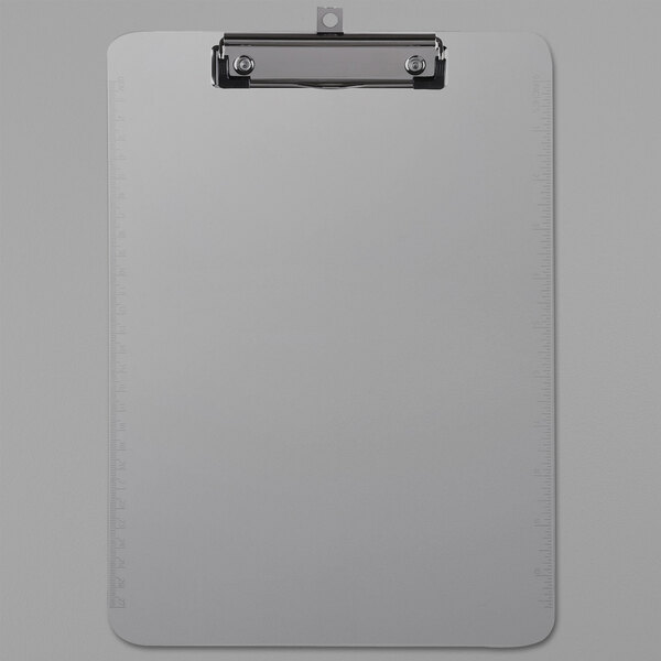 A white Universal plastic clipboard with a black low profile metal clip holding white paper.