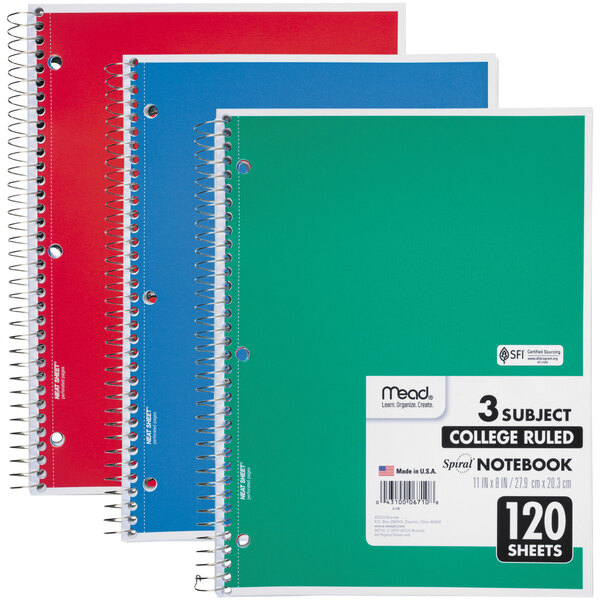 Mead 06710 11" x 8" Assorted Color College Rule 3 Subject Spiral Bound