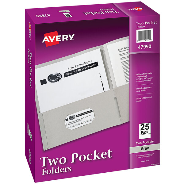 A purple box of 25 Avery gray paper folders with a white label.