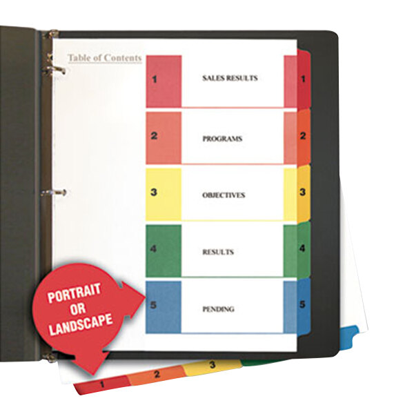 A Universal binder divider with multi-color tabs and a white chart.