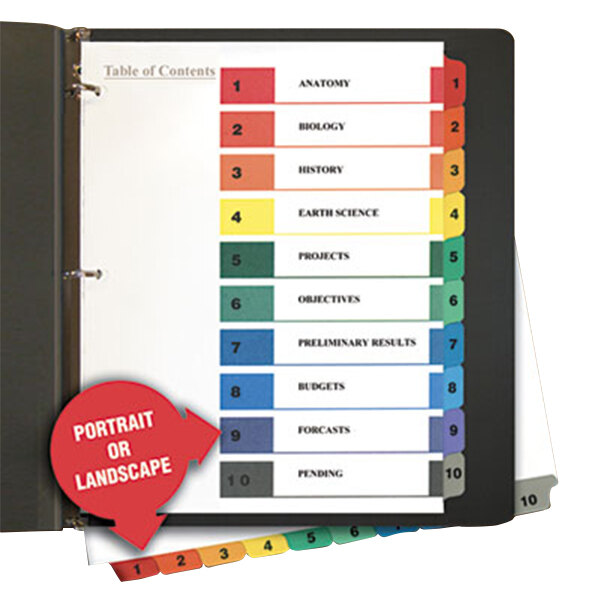 A book with Universal multi-color table of contents divider tabs.