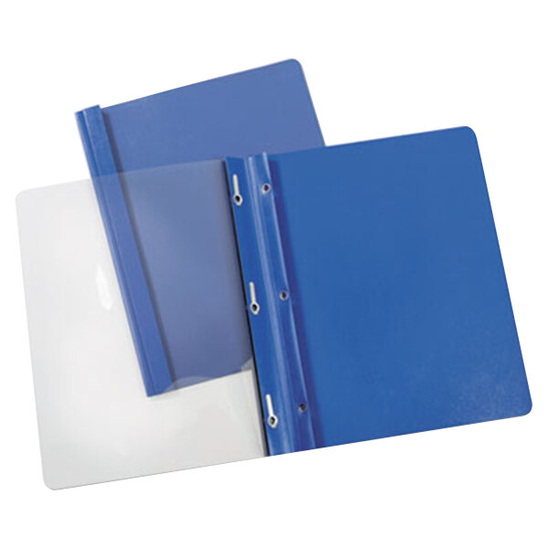 Universal Office UNV56101 11" x 8 1/2" Light Blue Paper Report Cover with Clear Cover and Prong Fasteners, Letter - 25/Box