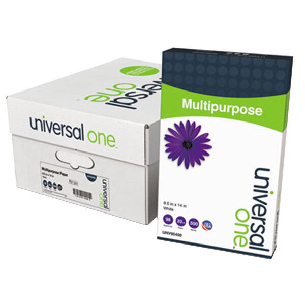 Universal Office UNV95400 8 1/2" x 14" Bright White Case of 20# Multipurpose Paper - 5000 Sheets