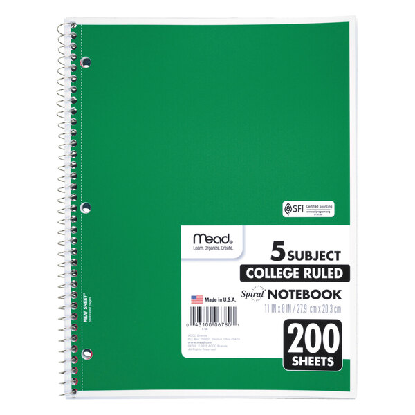 A green Mead 5 subject college rule notebook with white label.