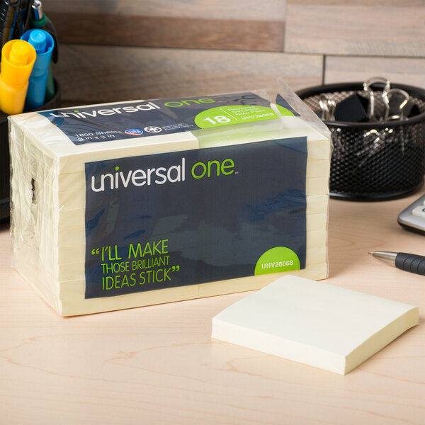 Universal UNV28068 3" x 3" Yellow Recycled Sticky Note - 18/Pack