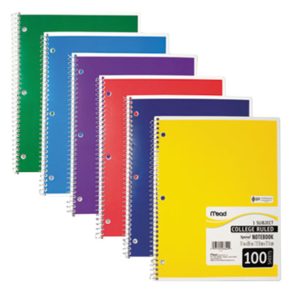 Mead 06622 11" x 8" Assorted Color College Rule 1 Subject Spiral Bound Notebook - 100 Sheets