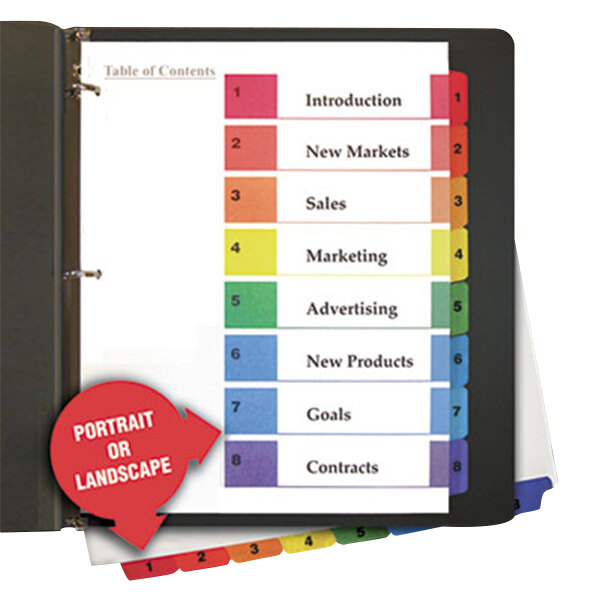 A Universal table of contents divider set with colorful tabs for 8 sections.