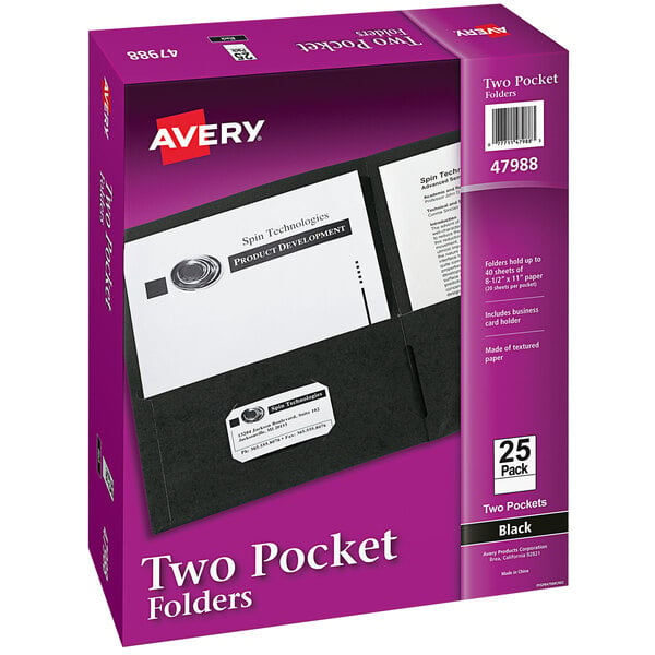 A box of 25 black Avery 2-pocket folders.