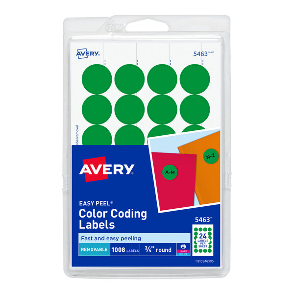 A package of Avery green round labels with white labels.