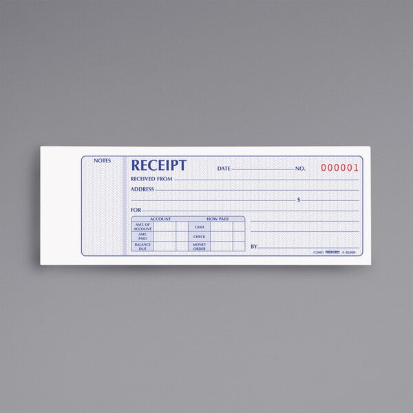 A Rediform numbered receipt book with white and blue pages.