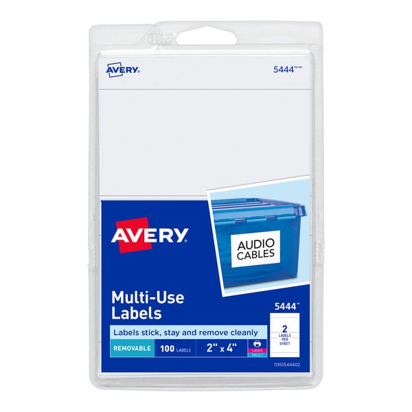 A package of white Avery rectangular labels with blue and white packaging.