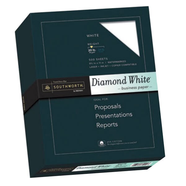 A box of Southworth Diamond White business paper with a white label.