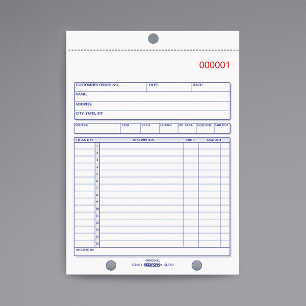A white Rediform carbonless sales receipt with blue lines and a number.