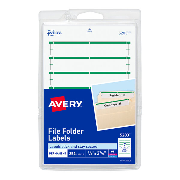 Avery® 5203 11/16" x 3 7/16" White / Green Rectangular Write-On / Printable 1/3 Cut File Folder Labels - 252/Pack