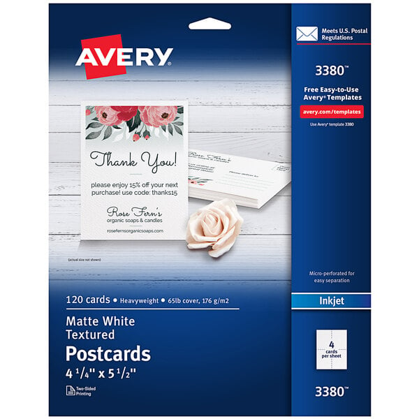 A package of white Avery postcards with a white border.