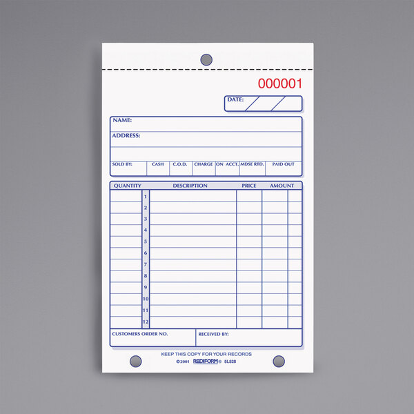 A Rediform 3-part carbonless sales book with a white receipt and blue lines.