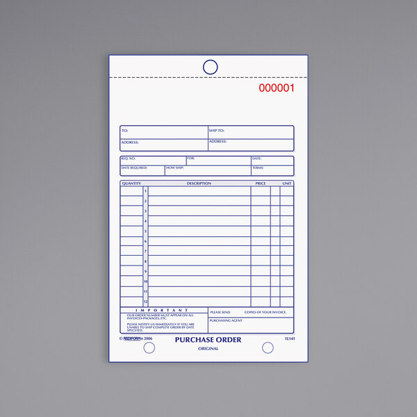 The white carbonless purchase order sheet from a Rediform Office 3-part purchase order book with a red line on it.