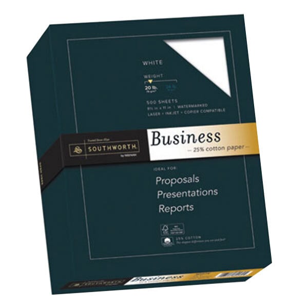 A box of Southworth white business paper with a label.
