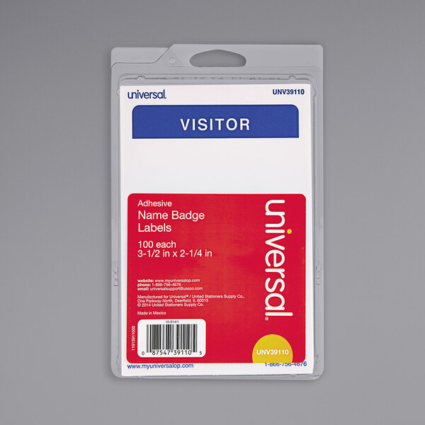 Universal UNV39110 2 1/4" x 3 1/2" White "Visitor" Write-On Self-Adhesive Name Badge with Blue Border - 100/Pack