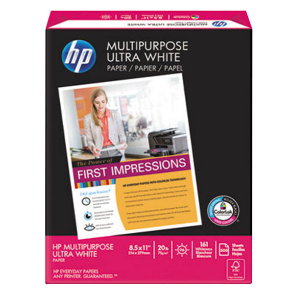 A black box of HP Inc. white multipurpose paper with a picture of a woman on the front.