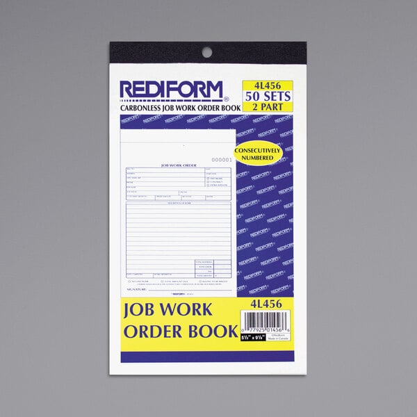 Rediform Office 4L456 5 1/2" x 8 1/2" 2-Part Carbonless Job Work Order Book with 50 Sheets
