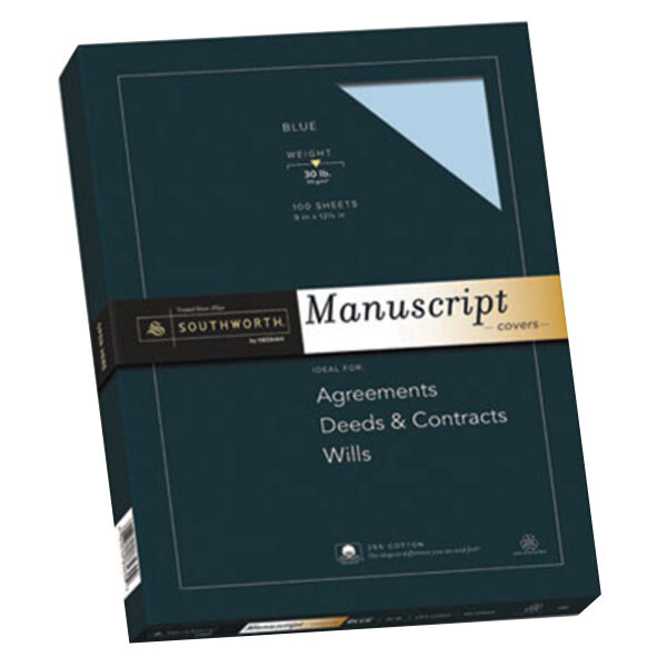 A box of Southworth blue manuscript cover stock.