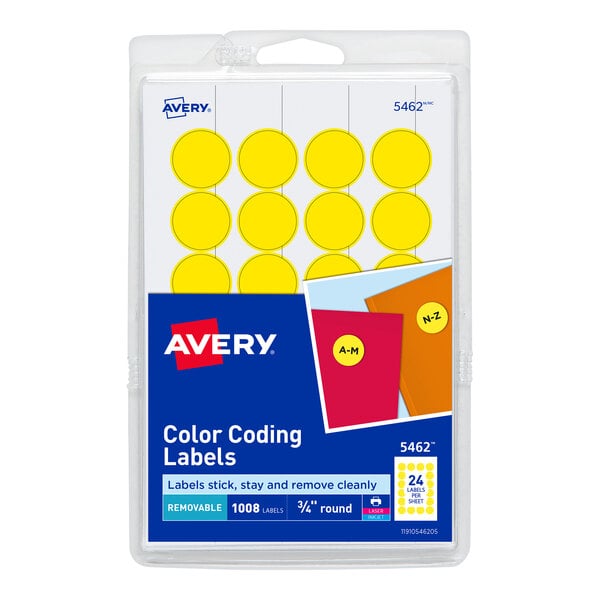 A white box of Avery Yellow Round Removable Labels.