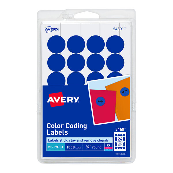 A package of Avery dark blue round labels with white background.