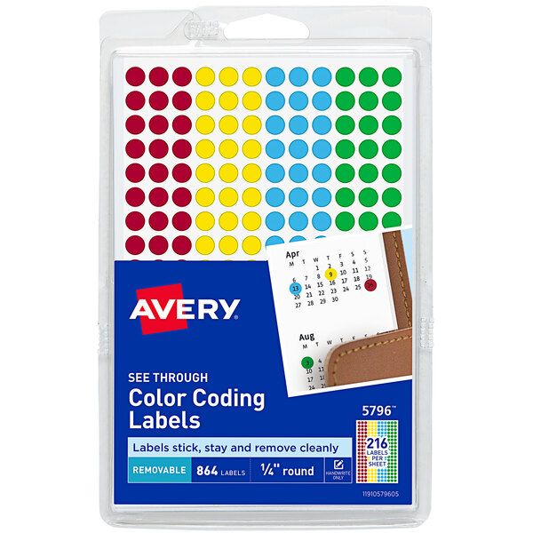 Avery® 5796 1/4" Round Assorted Removable See-Through Color Coding Dot Labels - 864/Pack