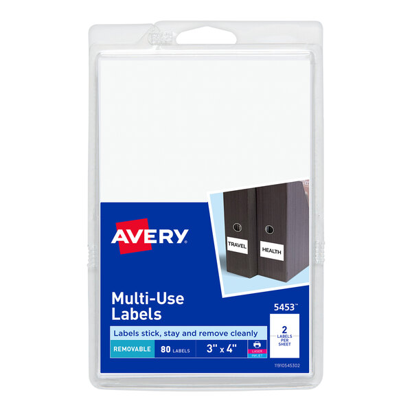 A package of white Avery rectangular labels with white text areas.