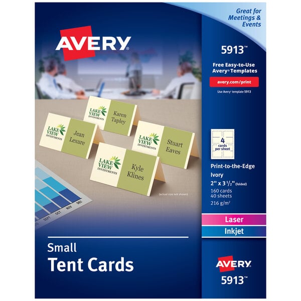 A package of blue and white Avery Ivory Small Tent Cards on a table.