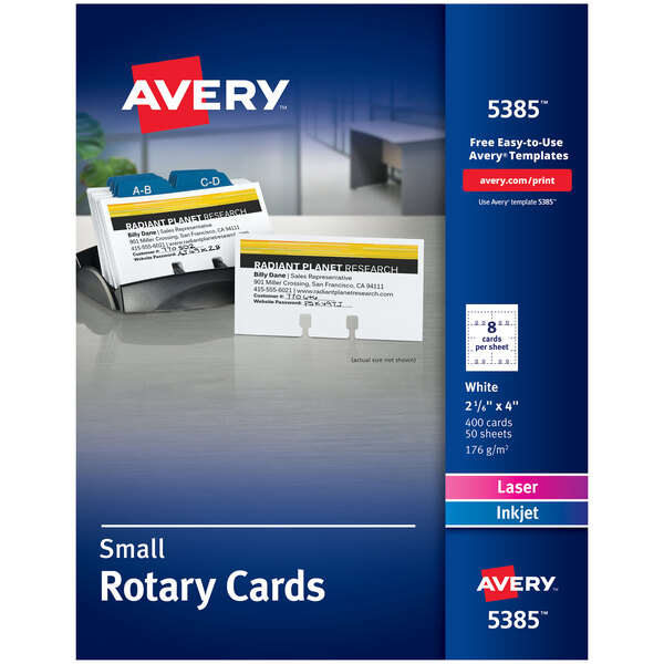 A blue and white box of Avery 5385 white small rotary cards with several white name cards inside.