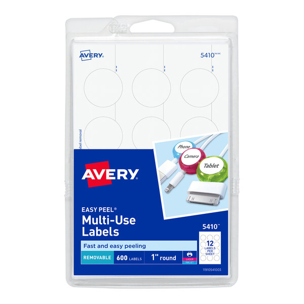 A package of Avery white round removable labels with blue and white packaging.