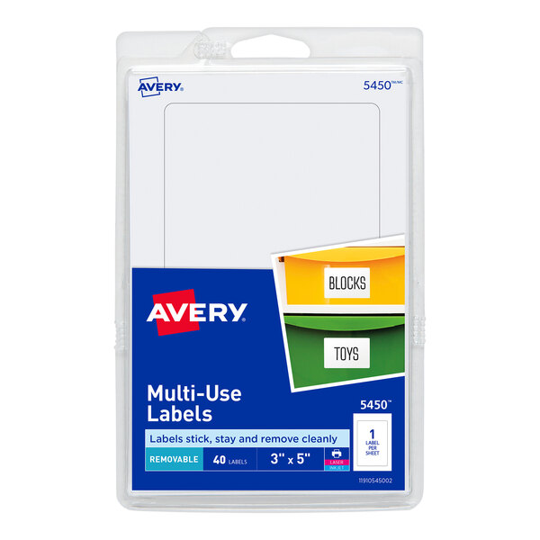 A package of white rectangular Avery multi-use labels.