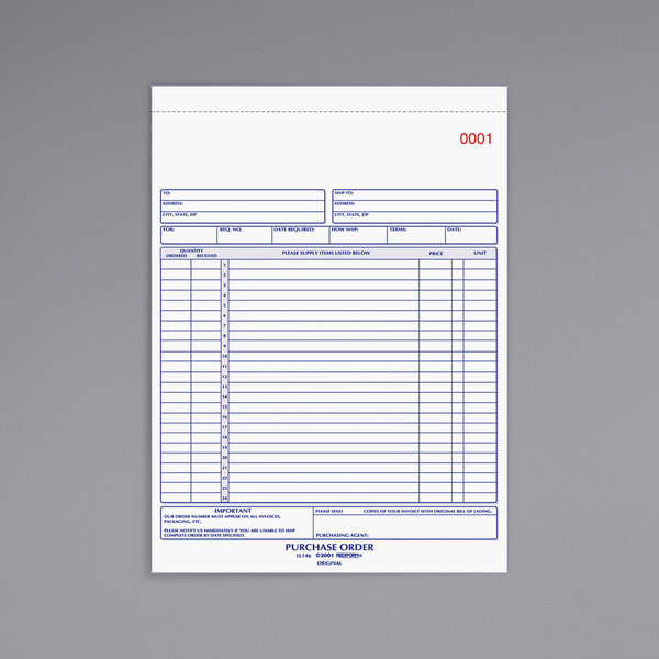 A Rediform carbonless purchase order book with white paper and blue lines.