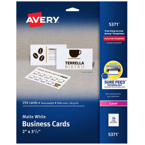 A package of Avery matte white business cards with a blue and yellow Avery cover.