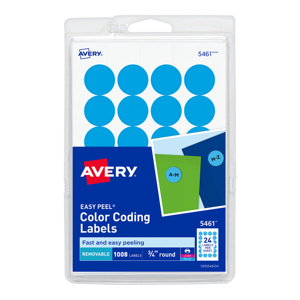 A package of Avery light blue round labels with white circles.