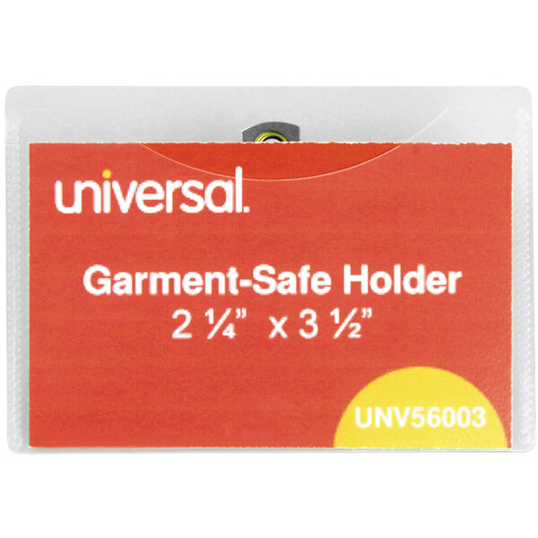 A Universal clip-on badge holder with a yellow card and white text.