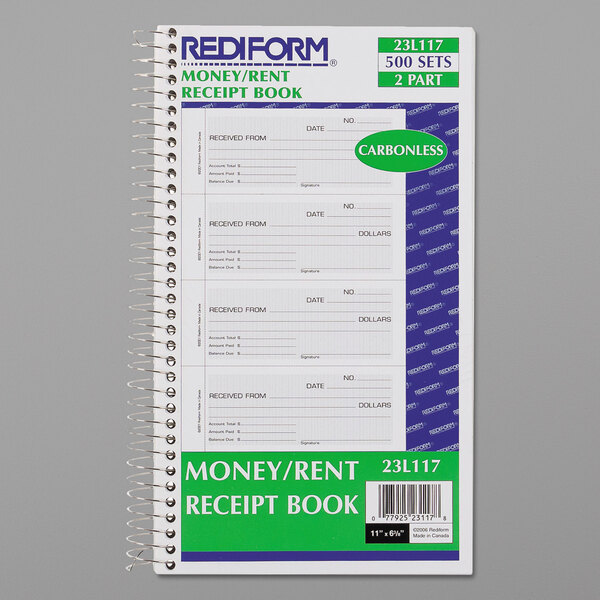 Rediform Office 23L117 2-Part Carbonless Money and Rent Unnumbered Receipt Book with 500 Sheets