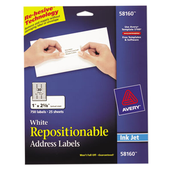 A blue box of white Avery Repositionable Mailing Address Labels with a white label on the front.