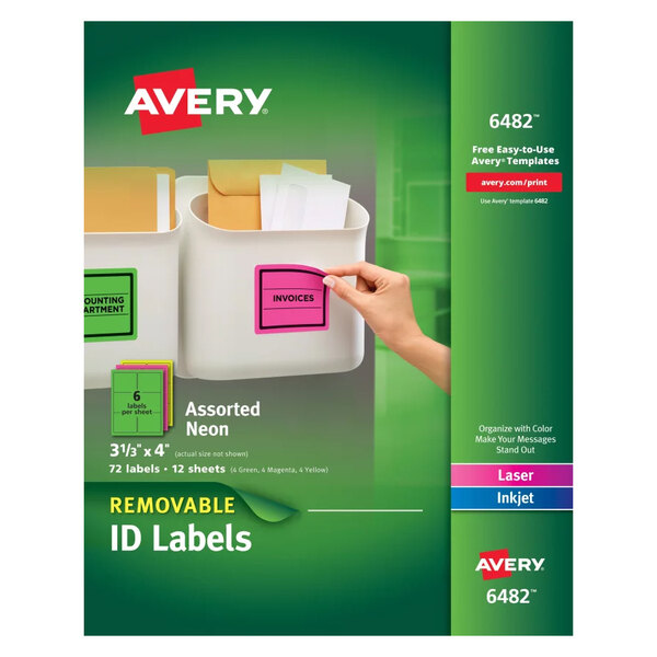 Avery® 6482 3 1/3" x 4" Assorted Neon Color Removable ID Labels - 72/Pack