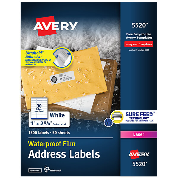 Avery® 5520 TrueBlock 1" x 2 5/8" Waterproof White Mailing Address Labels with Ultrahold Permanent Adhesive - 1500/Box