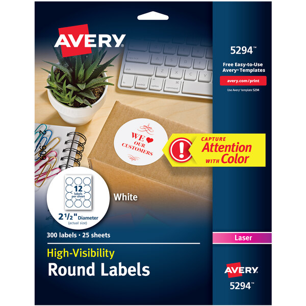 Avery® 5294 2 1/2" High-Visibility Round White Printable Labels - 300/Pack
