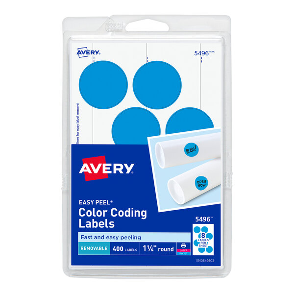 A package of white Avery labels with blue circles and rectangular white space.