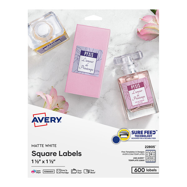 A white square Avery label on a pink box.