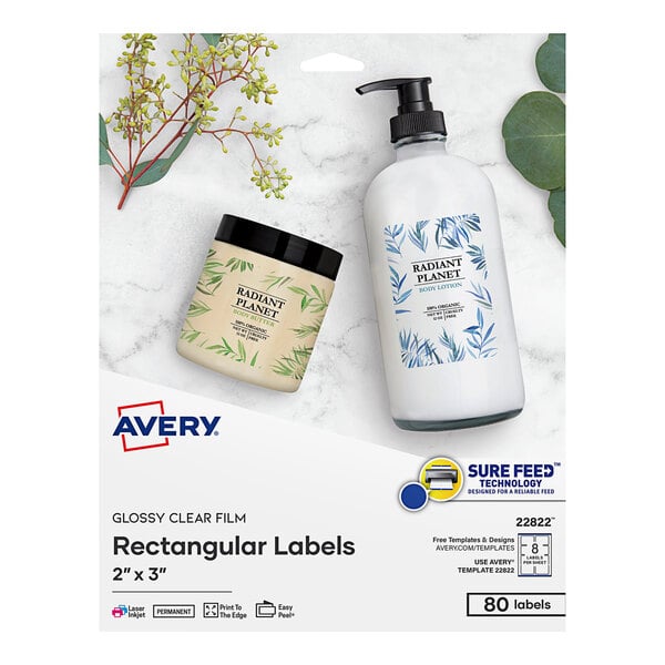 A package of Avery clear glossy rectangular labels.